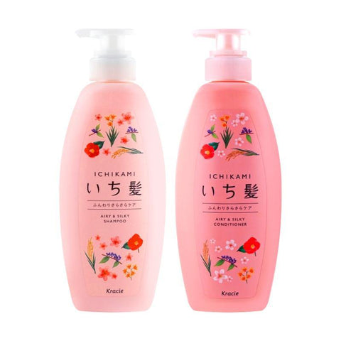 Kracie Ichikami Airy and Silky Shampoo and Conditioner Set with 10 g Hair Mask 32.5 FL - 日本KRACIE嘉娜宝 ICHIKAMI 纯和草石榴樱花洗发护发套组 柔软蓬松型 480g+480ml+10g发膜 Oz - CoCo Island Mart