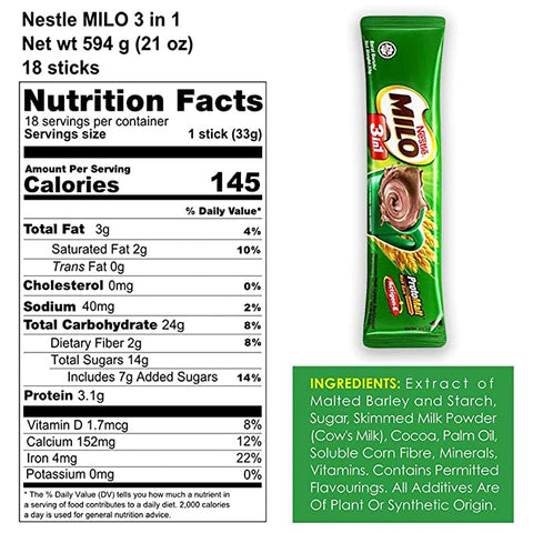 Nestle Milo 3-in-1 Chocolate Powder Instant Malt Chocolate Milk Powdered Drink 18 Sticks