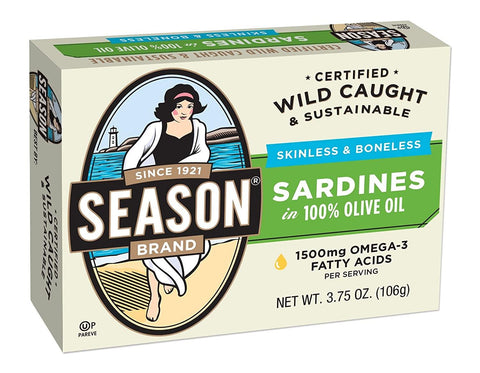 Season Brand Wild Caught Skinless and Boneless Sardines in 100% Olive Oil 4.735 Oz (124 g) - CoCo Island Mart