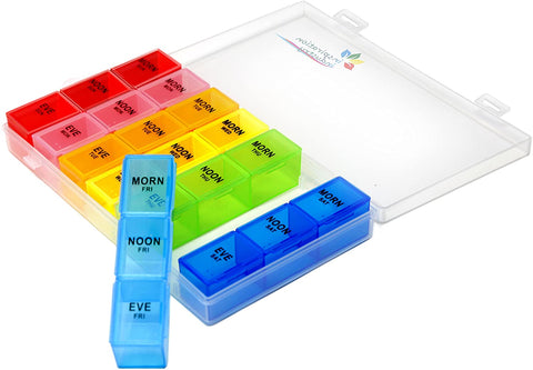 Inspiration Industry Pill Organizer - Pillbox with hinged lid 7 days AM/PM with Removable Compartments for Pills and Vitamins - 21 Compartment