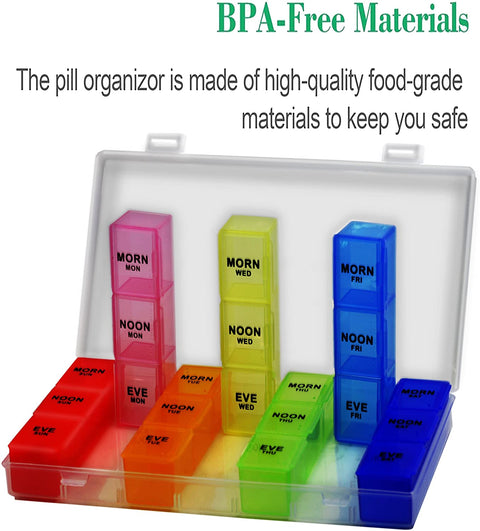 Inspiration Industry Pill Organizer - Pillbox with hinged lid 7 days AM/PM with Removable Compartments for Pills and Vitamins - 21 Compartment