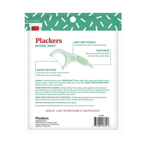 Plackers Micro Mint Dental Flossers, Fresh Mint Flavor, Fold-Out Toothpick, Super Tuffloss, Easy Storage with Sure-Zip Seal, 150 Count