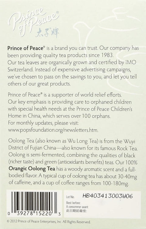Prince Of Peace Organic Oolong Tea 20 Tea Bags X 1.8 g (1.27 Oz/36 g)