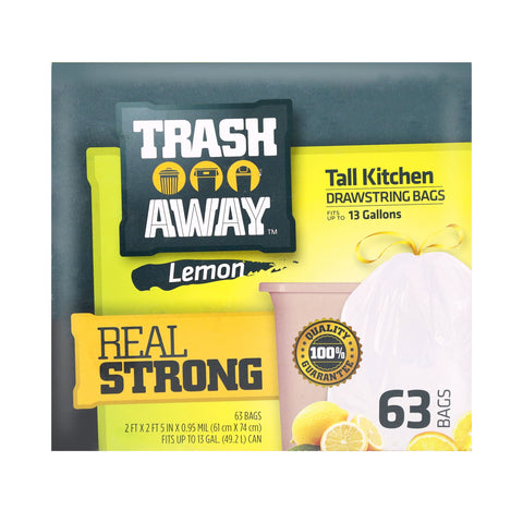 Trash Away Drawstring Trash Tall Kitchen Lemon Scent up to 13 gallons white 63 Count