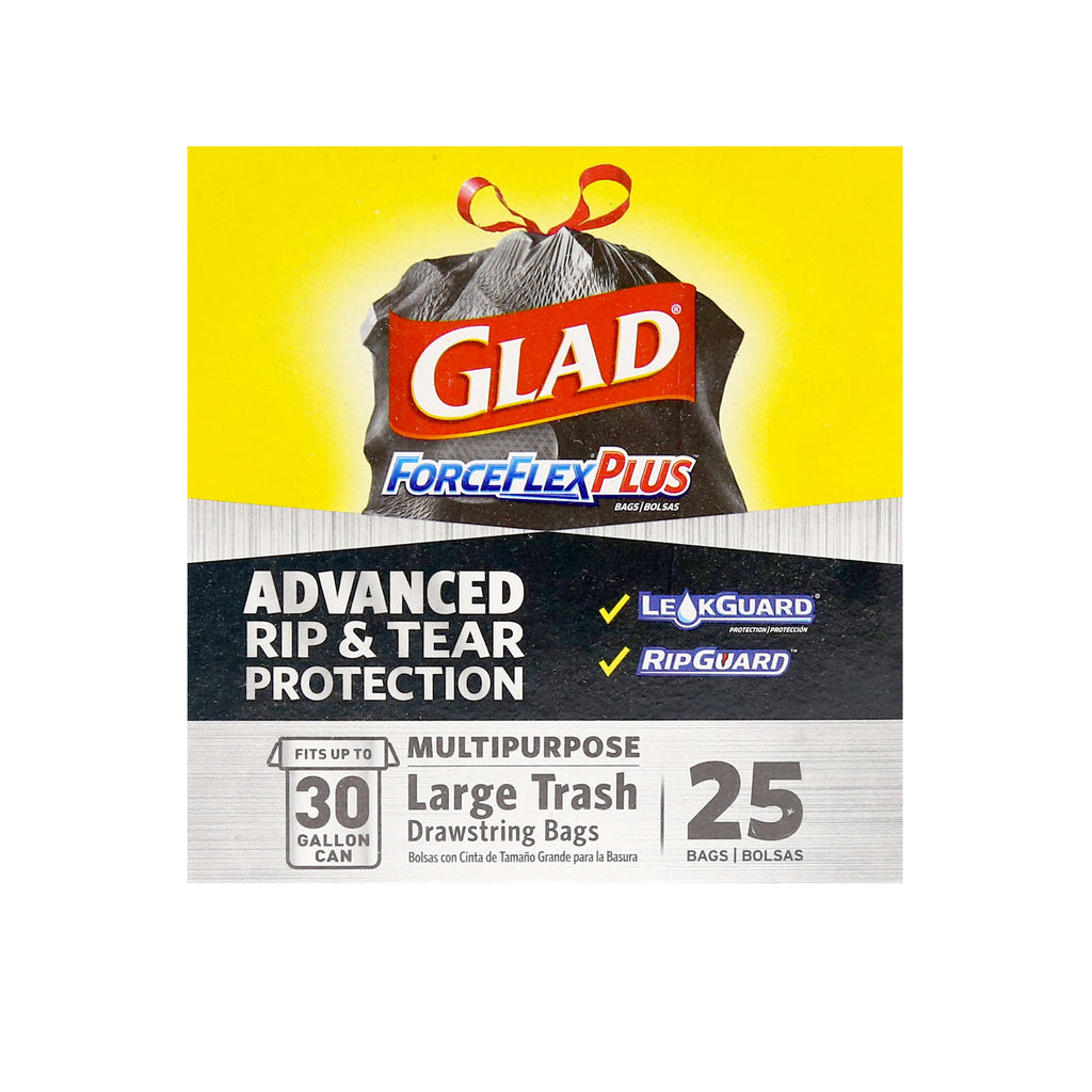 Glad ForceFlex Plus Trash Bags, Multipurpose, Drawstring, Large, 30 Gallon - 25 bags