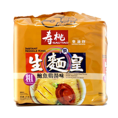 SAU TAO Thick Noodle King Abalone & Chicken Soup Flavour - 5 PACK 12.35 Oz (350 g) - 寿桃粗生面皇鮑鱼鸡汤味 350 g - CoCo Island Mart