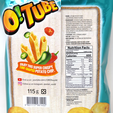 ORION O!Tube Jalapeno & Cheese Flavored Potato Snacks 4.06 Oz (115 g)