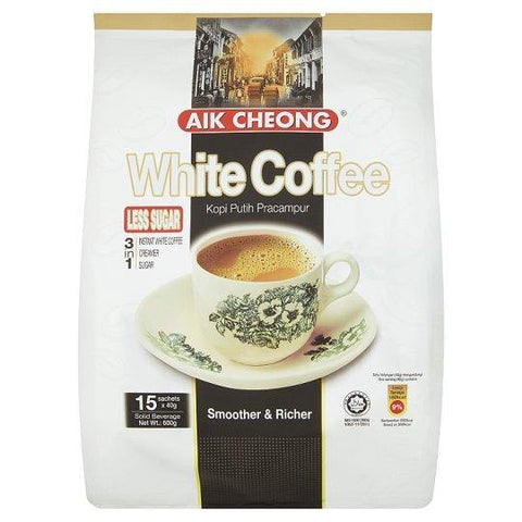 Aik Cheong 3 in 1 White Coffee Less Sugar | Kopi Putih Pracampur 15 Sachets 16 Oz (600 g) - 益昌香浓白咖啡 少糖 600 克 - CoCo Island Mart