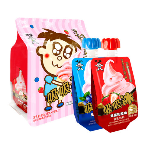WANT WANT Smoothie Strawberry Yogurt Flavor + Blueberry Yogurt Flavor 4-PACK 10.82 FL Oz (320 mL) - 旺旺吸吸冰 草莓乳酸+蓝莓乳酸味