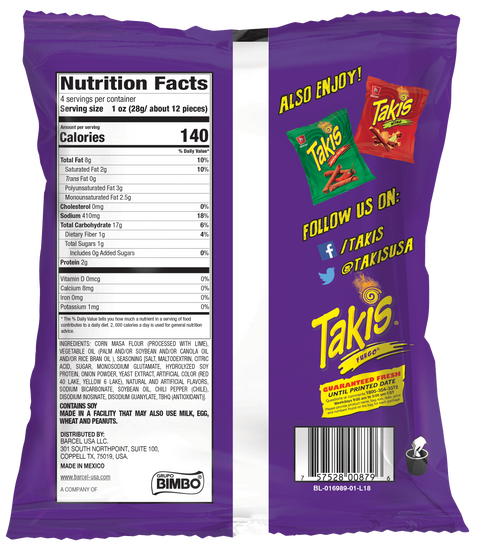 Takis Fuego Hot Chili Pepper and Lime Tortillas Chips Extreme Hot 4 Oz (113.4 g) - CoCo Island Mart