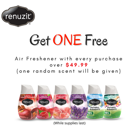 ONE FREE RENUZIT AIR FRESHENER WITH PURCHASE OVER $49.99 (ONE RANDOM SCENT WILL BE GIVEN)