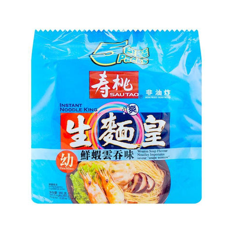 SAUTAO Thin/Mince Wonton Soup Flavor Noodles 5-PACK 12.35 Oz (350 g) - 寿桃非油炸幼条生面皇鲜虾云吞汤味 350 g - CoCo Island Mart