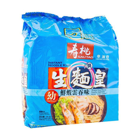 SAUTAO Thin/Mince Wonton Soup Flavor Noodles 5-PACK 12.35 Oz (350 g) - 寿桃非油炸幼条生面皇鲜虾云吞汤味 350 g - CoCo Island Mart
