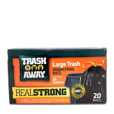 TRASH AWAY, 100% Quality Guarantee Drawstring Super Strength 30 Gallon Trash Bags - Pack of 20 Drawstring Bags, 2ft 6" x 3ft 1.10 mil (76cm x 91cm)