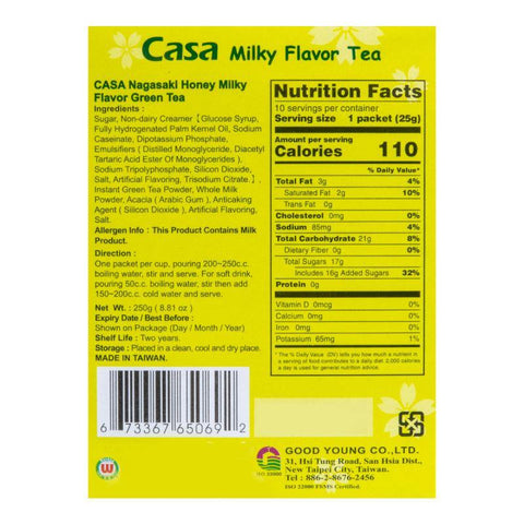 Casa Nagasaki Honey Milky Flavor Green Tea 10 Packets 8.81 Oz (250 g) - 台湾CASA卡萨 长崎蜂蜜绿奶奶茶 - CoCo Island Mart
