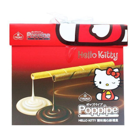 Triko Foods Poppine Chocolate and Milk Flavor Hello Kitty Wafer Sticks Snacks Gift Box (315 g) - 台湾盛香珍捲心酥礼盒牛奶口味