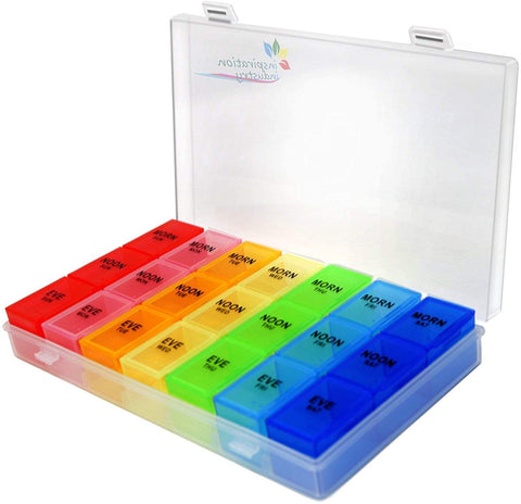 Inspiration Industry Pill Organizer - Pillbox with hinged lid 7 days AM/PM with Removable Compartments for Pills and Vitamins -  21 Compartment