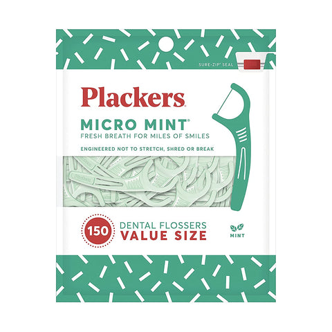 Plackers Micro Mint Dental Flossers, Fresh Mint Flavor, Fold-Out Toothpick, Super Tuffloss, Easy Storage with Sure-Zip Seal, 150 Count