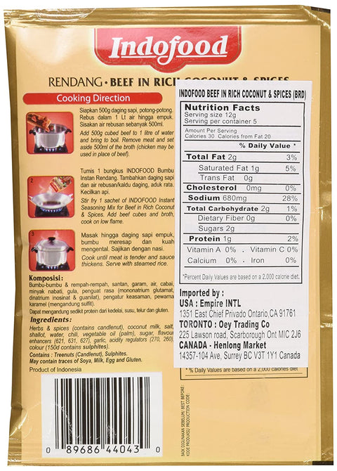 Indofood Rendang Instant Seasoning Mix for Beef in Rich Coconut & Spices 2.1 Oz (60 g)