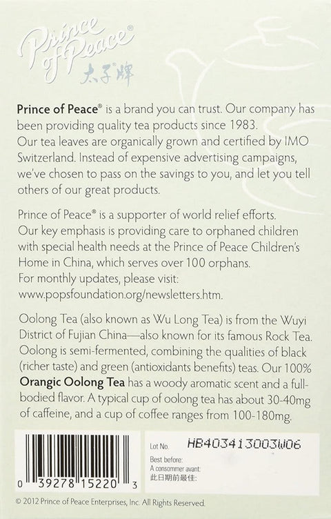 Prince Of Peace Organic Oolong Tea 20 Tea Bags X 1.8 g (1.27 Oz/36 g)