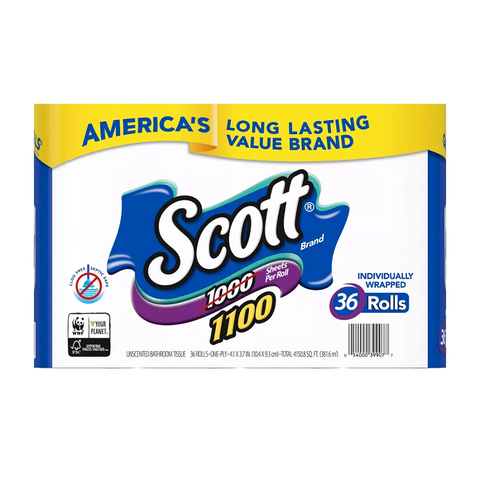 SCOTT Toilet Paper 1100 Sheets Per Roll 36 Individually Wrapped Rolls
