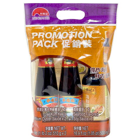 LEE KUM KEE Promotion Pack - 2 Premium Oyster Sauce 18 Oz (1 LB 2 Oz) + Seafood Flavored Soy Sauce 16.9 FL Oz (500 mL) - 李锦记 2 特级蚝油 (1LB 2 Oz) + 1 海鲜酱油 500 mL - CoCo Island Mart