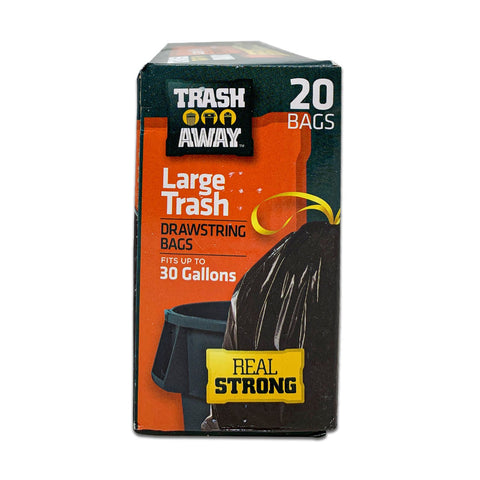 TRASH AWAY, 100% Quality Guarantee Drawstring Super Strength 30 Gallon Trash Bags - Pack of 20 Drawstring Bags, 2ft 6" x 3ft 1.10 mil (76cm x 91cm)